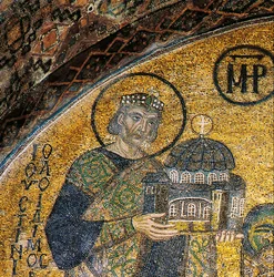 Keizer Justinianus presenteert Hagia Sophia aan de Maagd en Kind (mozaïek)