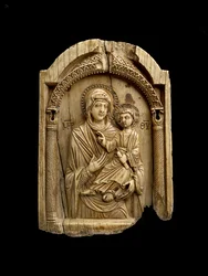 Icoon van de Maagd Hodegetria die naar het Christuskind wijst, zittend op haar linkerarm, met een rol in zijn linkerhand en zegenend met zijn rechterhand