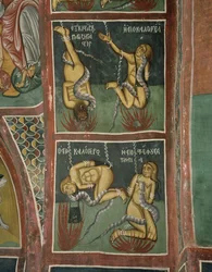 De Verdoemden: De Woekeraar en de Zondige Non (boven), de Afvallige Priester en de Slechte Moeder (onder)