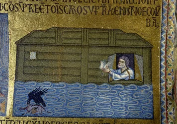Verhaal van Noach: Noach zendt de raaf en de eerste duif uit. Detail van de interieurmozaïeken in de Basiliek van San Marco, 11e eeuw