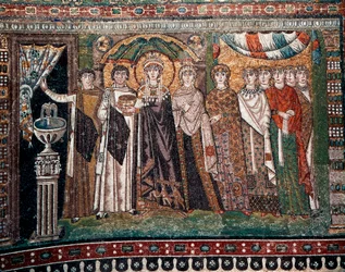 Keizerin Theodora met haar hof van twee ministers en zeven vrouwen, ca. 547 n.Chr. (mozaïek)
