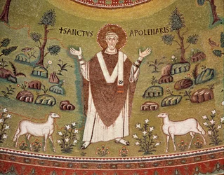 Portret van Apollinaris van Ravenna, eerste bisschop van Ravenna en Classe (detail van mozaïek)