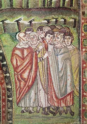 Het Hebreeuwse volk, detail van De gastvrijheid van Abraham en het offer van Isaak, 6e eeuw