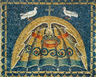 Umbraculum, onderdeel van de pauselijke regalia, in de vorm van een schelp met duiven als vredesteken, 6e eeuw (mozaïek)