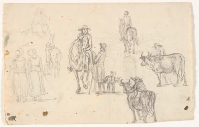 Schetsen met boeren, paarden en koeien