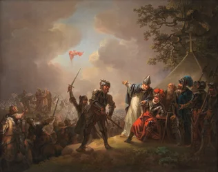 De legende van de Deense vlag, de Dannebrog, die tijdens de Slag bij Lyndanise, Tallinn, in Estland in 1219 uit de hemel valt