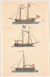 Drie Marineschepen met Deense Vlaggen. Roeiboten