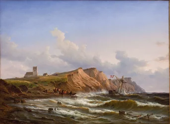 Schipbreuk na een storm voor de westkust van Jutland bij de kerk van Ferring