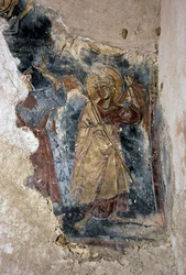 Engel en heilige, detail van fresco in de kerk van Agios Georgios Apodoulou, Apodoulou, Kreta, Griekenland (foto)