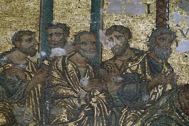 Afbeelding van de apostelen, detail van de Twijfel van St. Thomas mozaïek, Geboortekerk (Unesco Werelderfgoedlijst, 2012), Bethlehem, Palestina