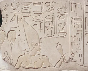 Egypte, Karnak, Rode kapel van Hatsjepsoet, reliëf van wijnoffer aan Hatsjepsoet