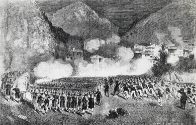 Divisie van generaal Giacomo Medici valt Levico Terme aan, Trentino-Zuid-Tirol, juli 1866, Derde Onafhankelijkheidsoorlog, gravure, Italië