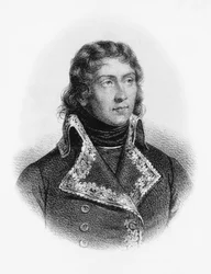 Portret van Louis-Charles-Antoine Desaix de Veygoux, Franse militaire held die troepen leidde in de Duitse, Egyptische en Italiaanse campagnes van de Franse Revolutionaire Oorlogen, gravure