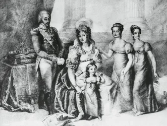 Portret van Victor Emmanuel I, Koning van Sardinië en Hertog van Savoye, Piëmont en Aosta, met zijn vrouw Maria Theresa van Oostenrijk-Este en zijn dochters, Maria Teresa van Savoye (1803-1879), Maria Anna van Savoye en Maria Cristina van Savoye