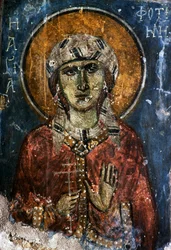 Heilige, fresco in de Byzantijnse kerk van Agios Georgios Sfakiotis, Diavaide, Kreta, Griekenland (foto)