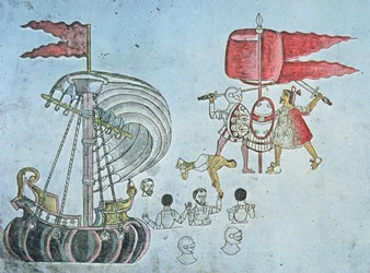 Spaanse soldaten van Hernan Cortes waden aan land in 1519 om de Azteken te bevechten, gekopieerd uit de Codex Azcatitlan, ca. 1550