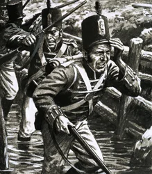 Soldaten in de overstroomde Britse linies bij Vlissingen