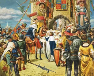 Ongeïdentificeerde koning begroet door hoogwaardigheidsbekleders