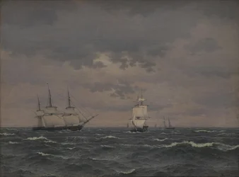 Een korvet dat zeilen reef in een frisse wind en enkele andere schepen