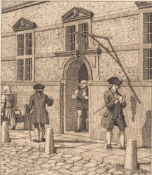Partij rond een portaal van de beurs. Illustratie voor "Linearperspectiven", Tafel VI