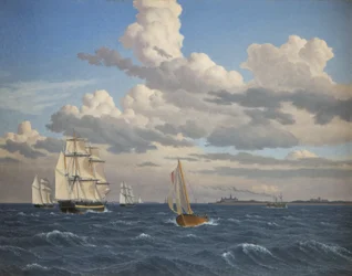 Schepen in de Sont ten noorden van Kasteel Kronborg, Elsinore