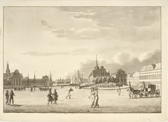 Plein in Kopenhagen met Holmens Kerk, Beurs, de nu verdwenen bank en kanselarijgebouw ("Het Rode Gebouw")