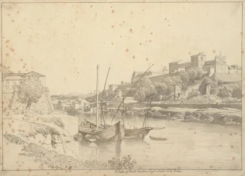 Uitzicht over de Tiber bij Porto di Ripa Grande buiten Porta Portese richting Marmorata en de kerken op Monte Aventino, Rome