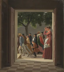 Uitzicht door een deur naar rennende figuren