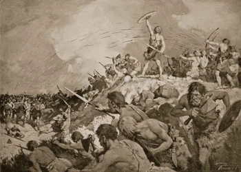 De slag bij Mons Badonicus, ca. 500 n.Chr., illustratie uit 