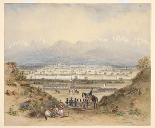 Een generaal die cavalerie en infanterie inspecteert, die op het punt staan een ommuurde stad in bergachtig gebied binnen te gaan, misschien Kandahar (N.W.F.P.). 1843, naar een eerdere schets.
