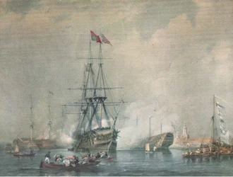 HMS Victory vuurt een koninklijk saluut af in de haven van Portsmouth, uit British Adventure gepubliceerd door Collins, 1947