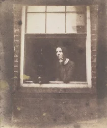 Dame in Open Raam met Vogelkooi, eind 1840s