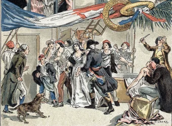 De arrestatie van Charlotte Corday na de moord op Jean Paul Marat in 1793. Illustratie van Camille Gilbert uit 1890.