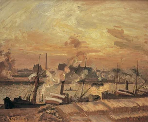 Lossen van hout, kade van de Beurs, zonsondergang