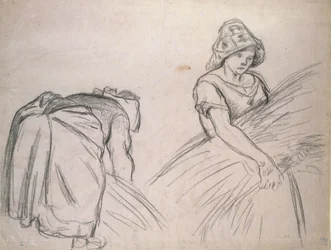 Studie van twee vrouwelijke oogsters, 1882 (zwarte krijt op roze papier met wit)