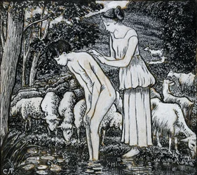 Chloë wast Daphnis bij een stroom, compositiestudie voor een illustratie, ca. 1895