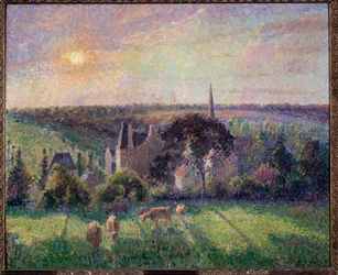 Landschap in Eragny, kerk en boerderij