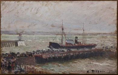Schip dat de haven van Le Havre binnenkomt
