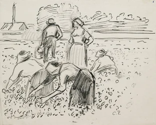 Studie van vijf boerenfiguren die op een veld werken