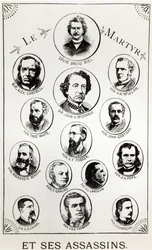 Louis Riel (1844-85) en zijn moordenaars, illustratie uit Le Gibet de Regina, gepubliceerd in 1886