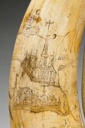 Kruithoorn, gegraveerd met een kaart van de St. Lawrencerivier in het gebied van Quebec, ca. 1759