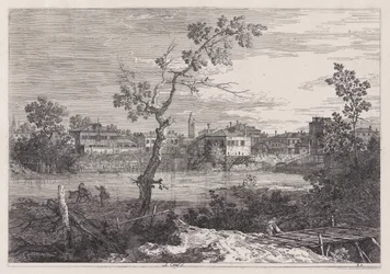 Gezicht op een stad aan een rivier, uit de serie Vedute (Gezichten)