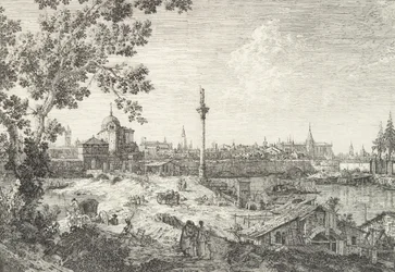 Denkbeeldig uitzicht op Padua, met een campanile en koepelkerk links, een kolom met beeld bovenop, 1735-46