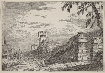 Landschap met toren en twee vervallen zuilen