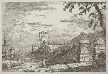 Landschap met toren en twee verwoeste zuilen [links]