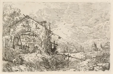 Landschap met een vrouw bij een put