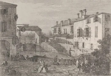 De poorten van Dolo: het ovale bekken van de sluizen bij Dolo, met een aak afgemeerd aan de kade..., 1735-46.
