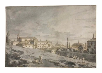 Uitzicht op Padua van buiten de stadsmuren met de kerk van San Francesco