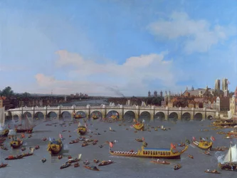 Westminster Bridge, met de Processie van de Burgemeester op de Theems
