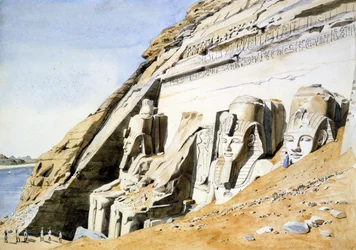 Voorkant van de Grote Tempel in Abu Simbel, reusachtige zandstenen beelden van Ramses II. Door kanunnik G Frederick Weston